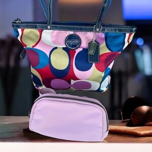Coach Signature Multicolor Satin Tote w/a Patent Leather Trim & Bonus Belt Bag